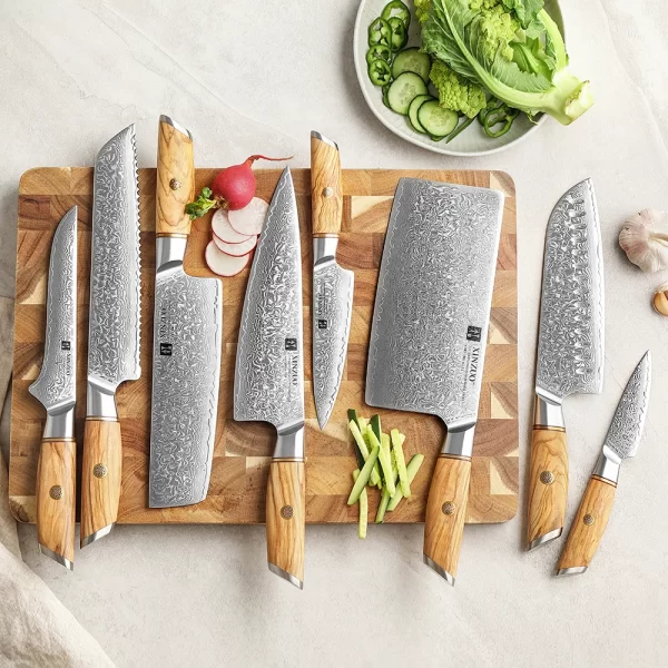 סט סכיני מטבח יוקרתיות מסדרת XINZUO  ידית נדן מעץ זית.
