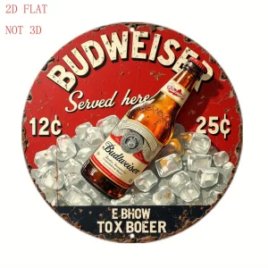 1pc Vintage Beer Logo Metal Wall Sign – 8-Inch Round Retro Logo & Iconic Design with Iconic Red & Golden Branding – /Outdoor Bar