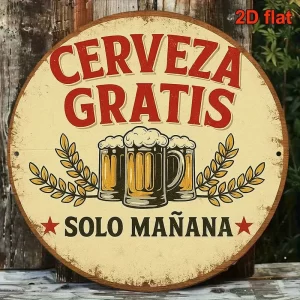 2D Flat, 1pc Vintage Spanish Beer Sign "Cerveza Gratis" (Free Beer) – 8×8 Inch Retro Mexican Bar Decor with Cerveza Logo & Spani