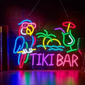 שלט ניאון עץ דקל עם תוכי – Tiki Bar