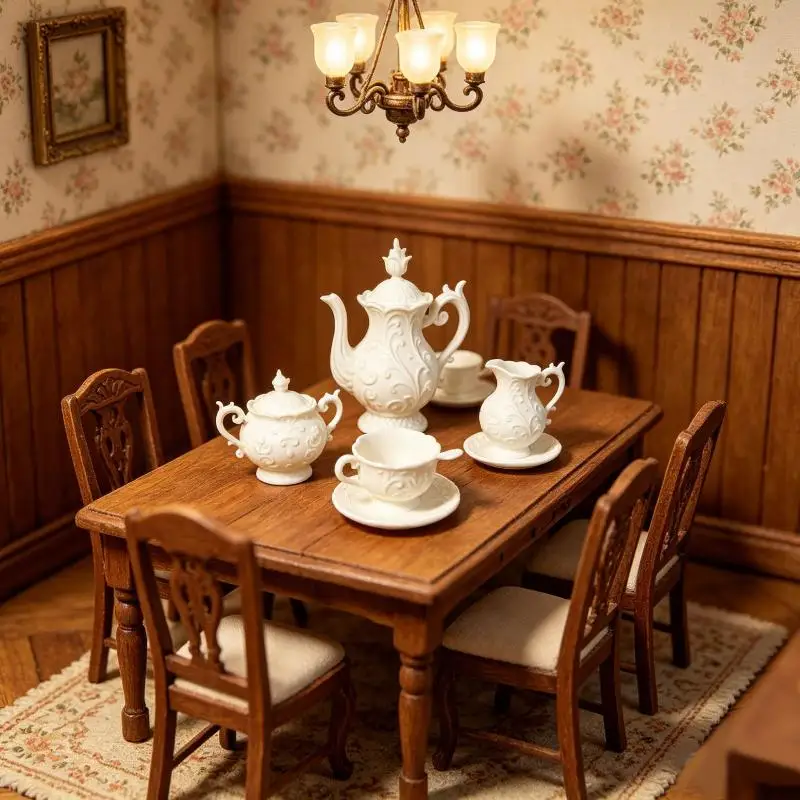 סט תה מיניאטורי עם קנקן וכוסות מעוטרים